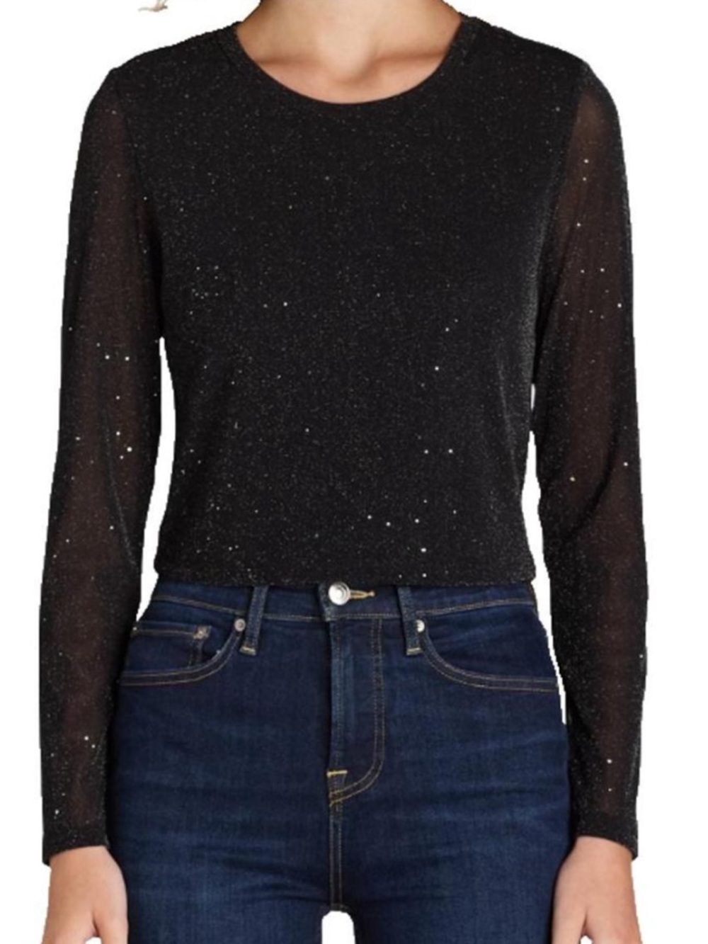 Steve Madden NYC Sparkly Semi Sheer Long Sleeve Topβ Black Small S